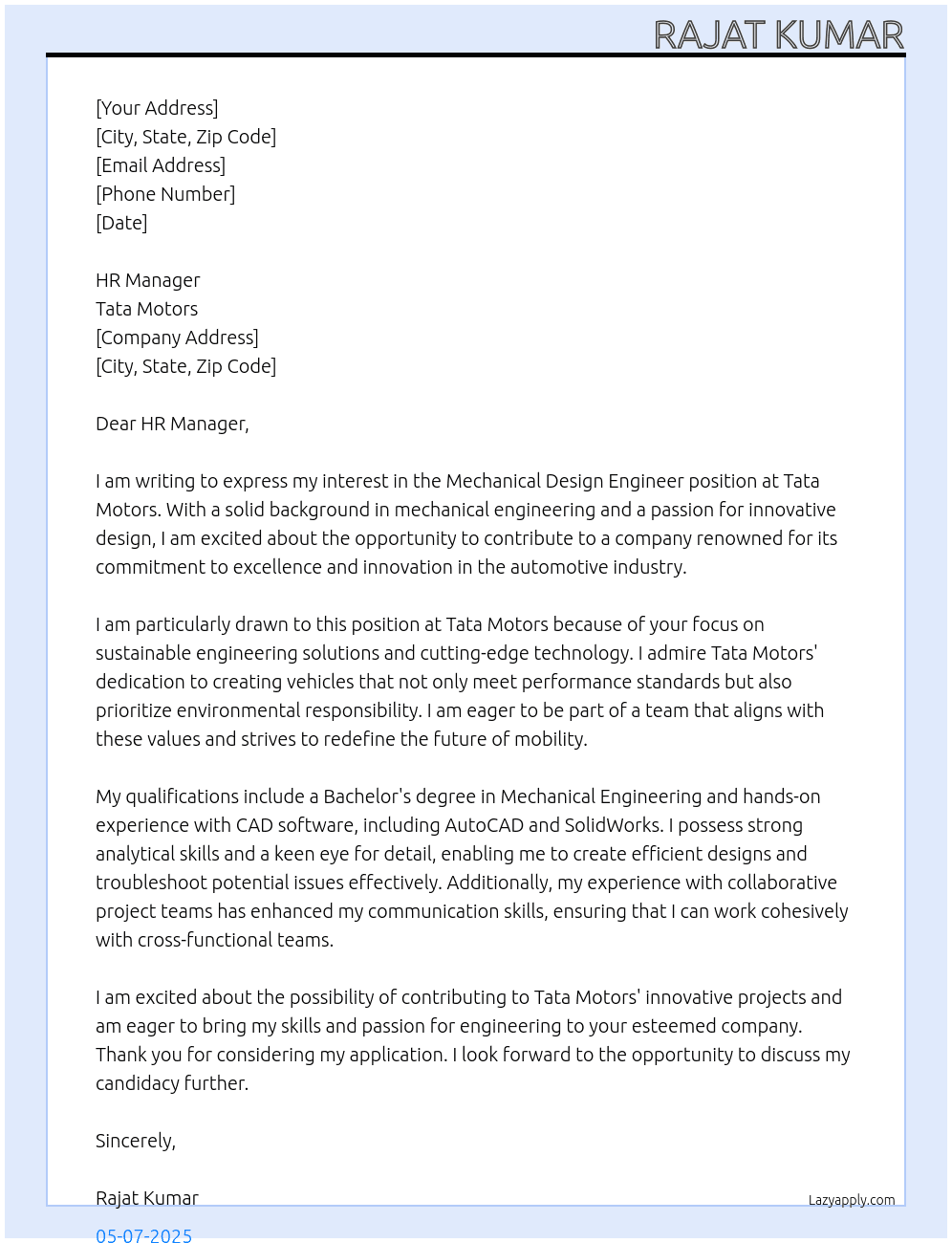 Mechanical Design Engineer At Tata motors Cover Letter