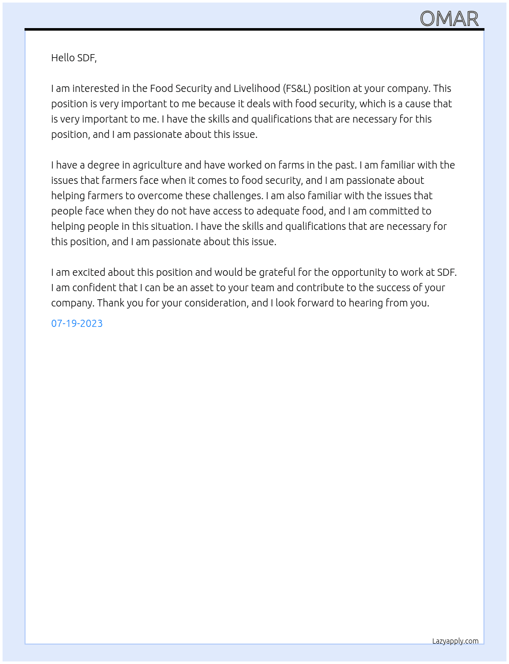 Food Security and Livelihood (FS&L)  At SDF Cover Letter