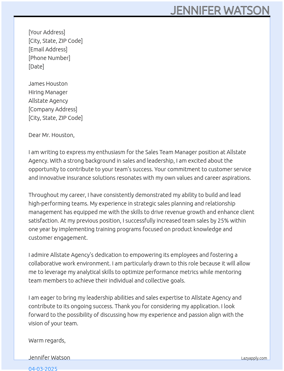 Sales Team Manager At Allstate Agency Cover Letter