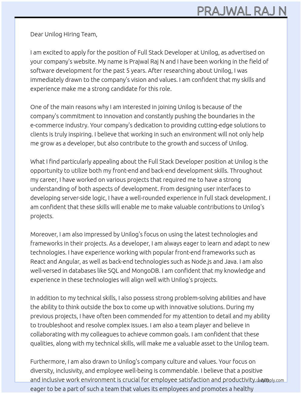 Full stack developer At unilog Cover Letter