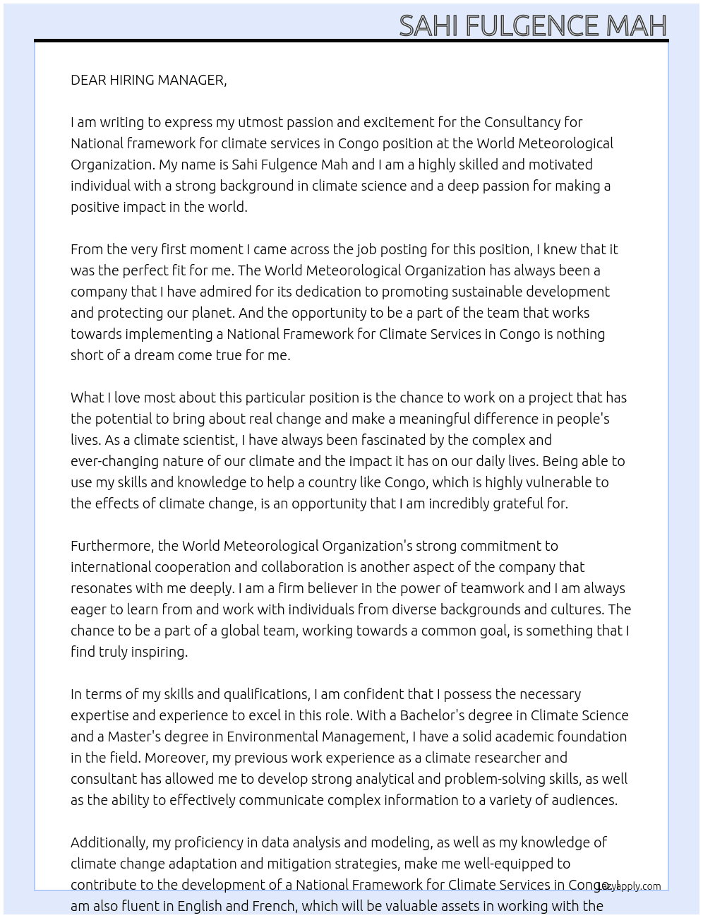 Consultancy for National framework for climate services in Congo At World Meteorological Organization Cover Letter