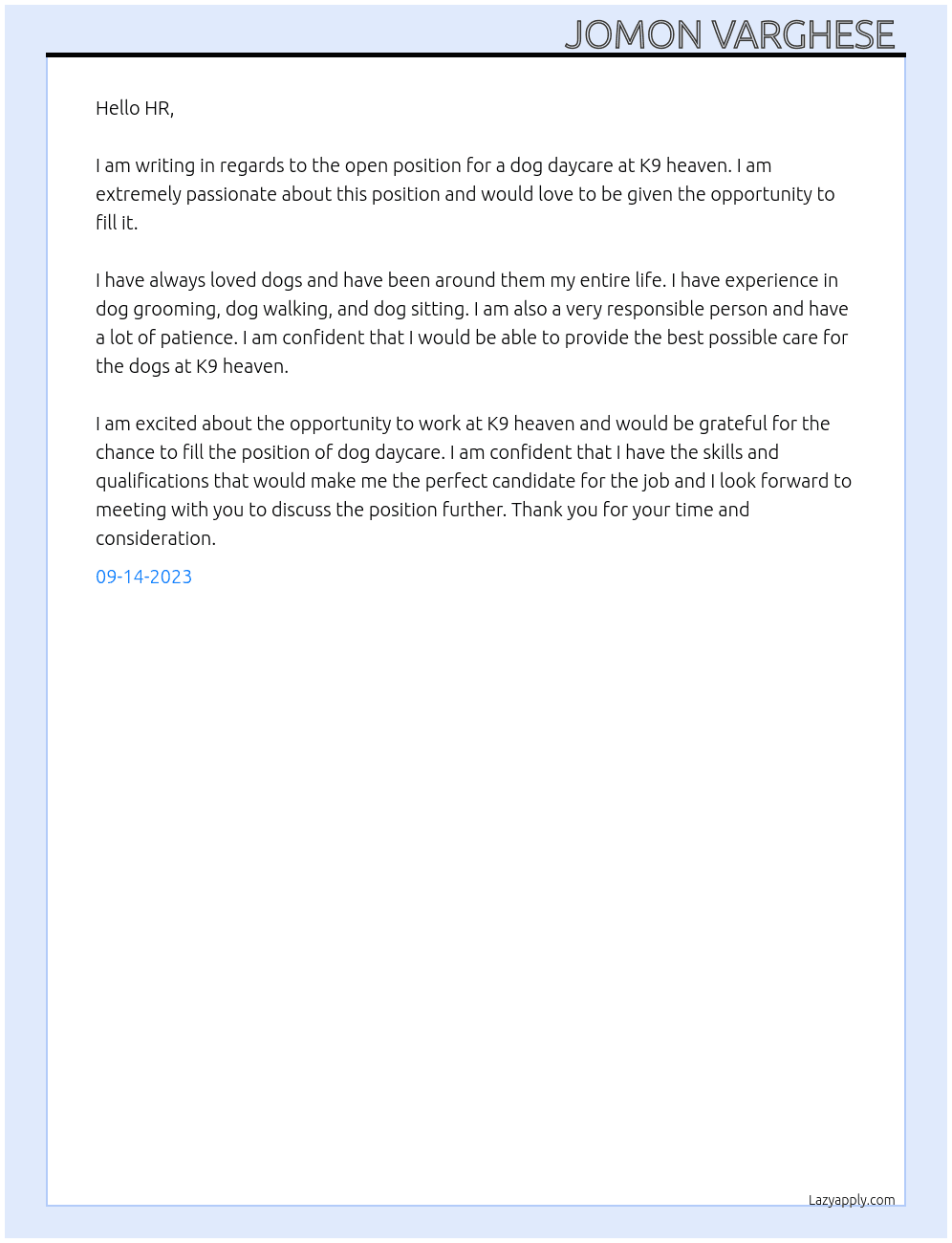 Dog daycare At K9 heaven  Cover Letter