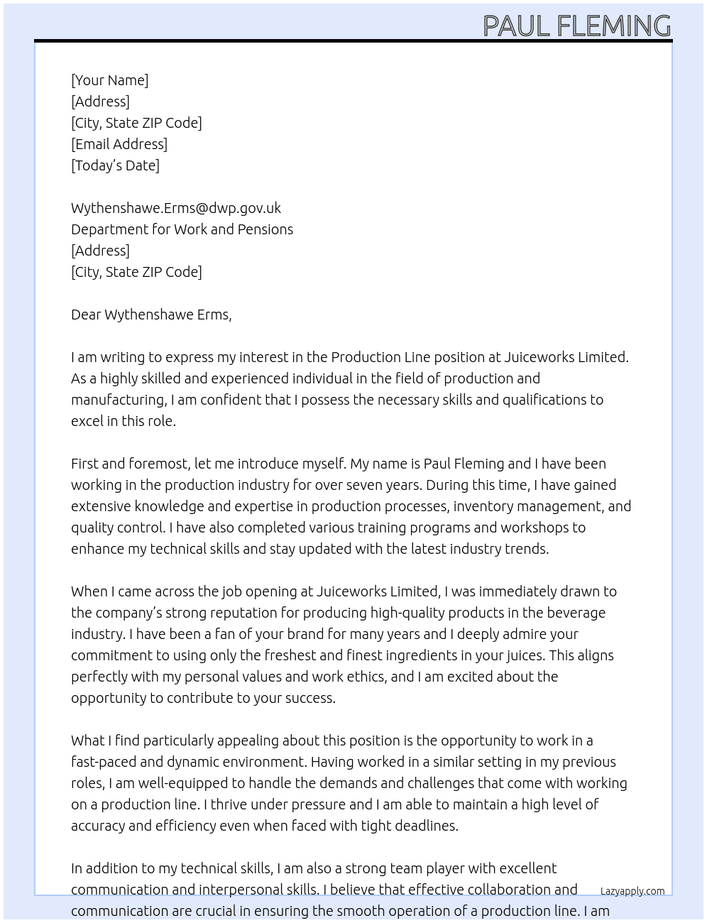 Production Line At Juiceworks Limited  Cover Letter