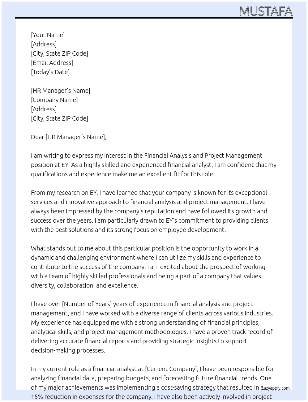 Cover letter for financial analysis and project manahet - LazyApply