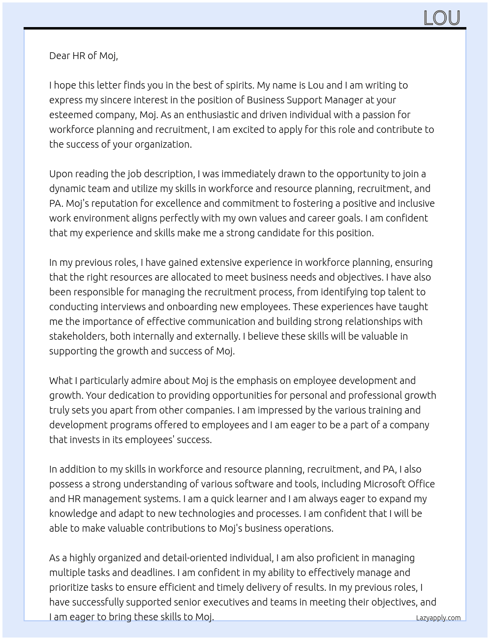 Business support manager  At Moj Cover Letter