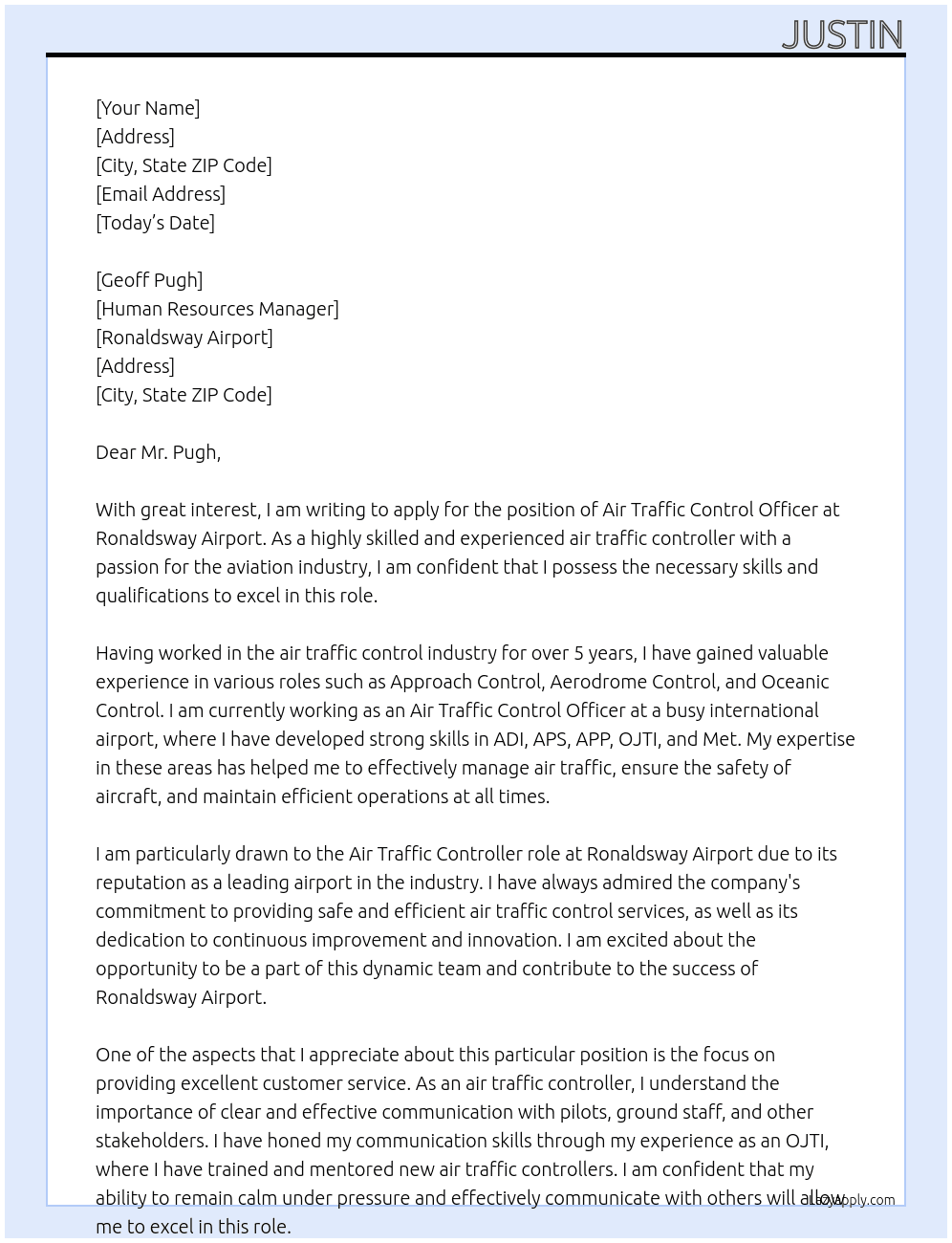 Air traffic control officer At Ronaldsway airport  Cover Letter