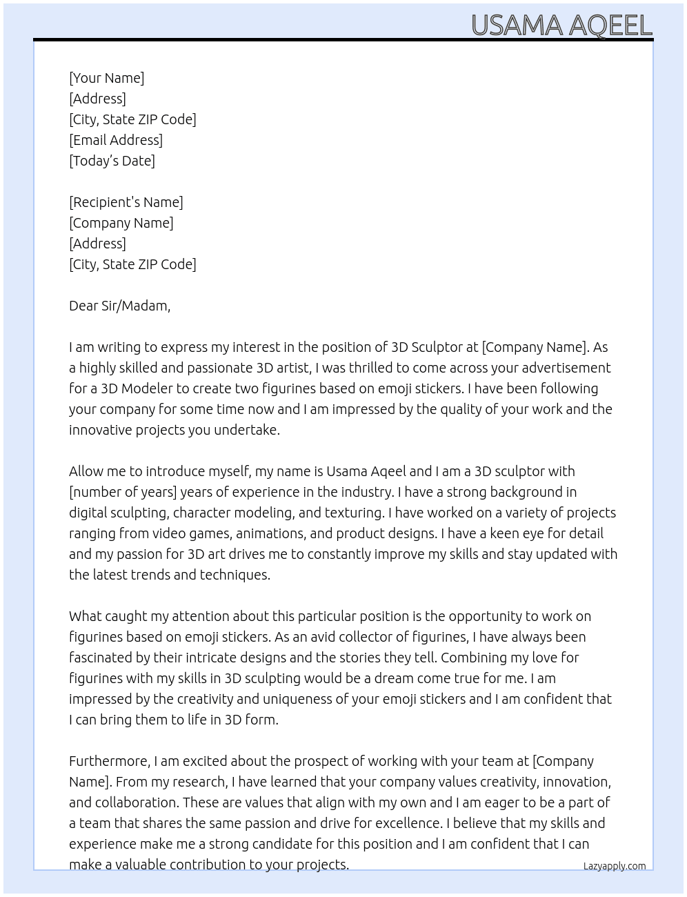 3d sculptor At 3D Modeler Needed to 2 figurines based on emoji stickers Cover Letter