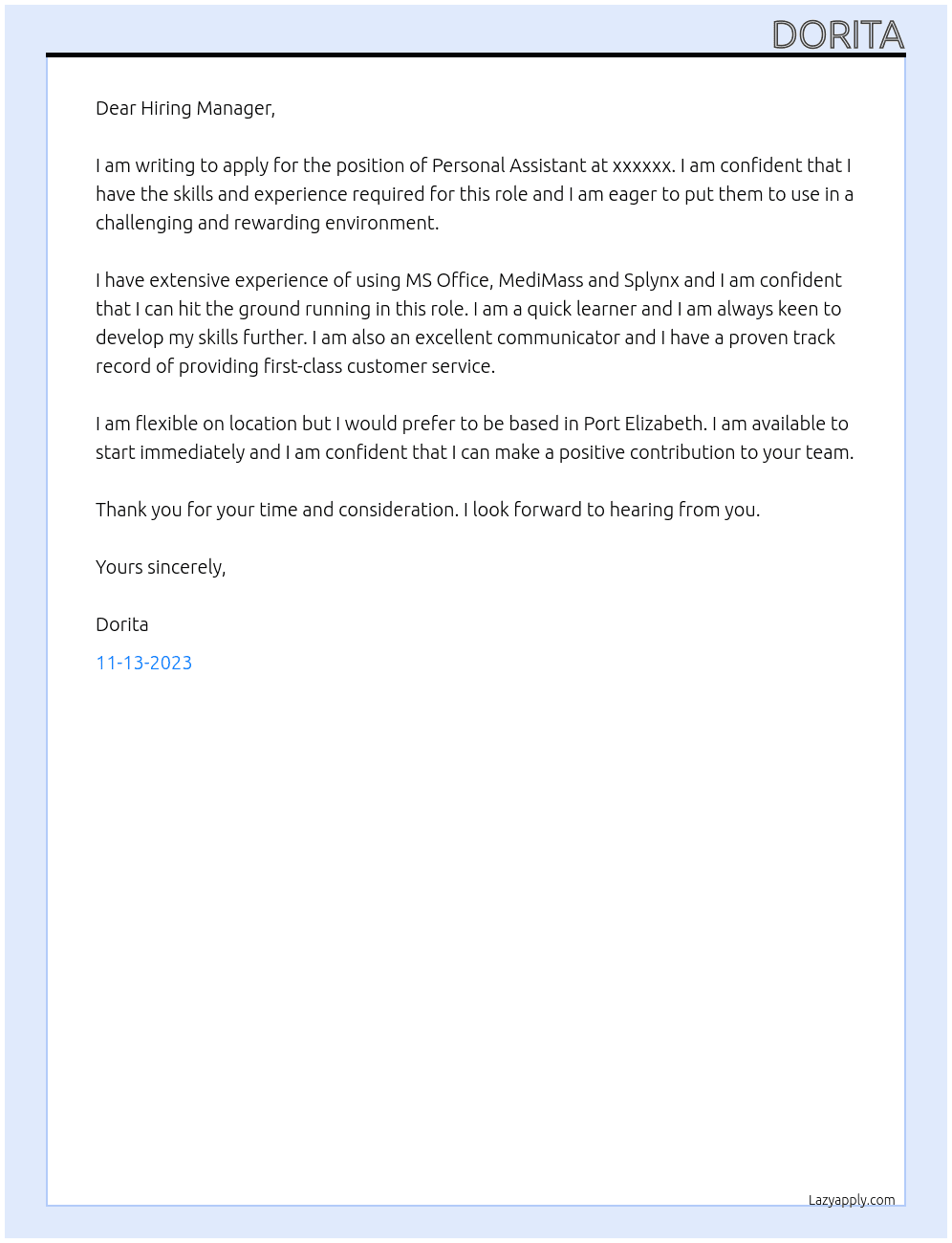 Personal Assistant At xxxxxx Cover Letter