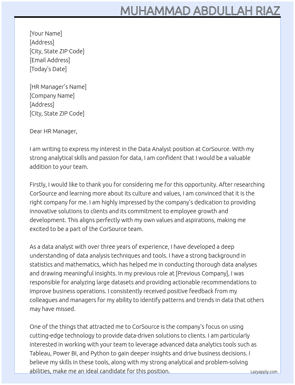 data analyst At CorSource Cover Letter