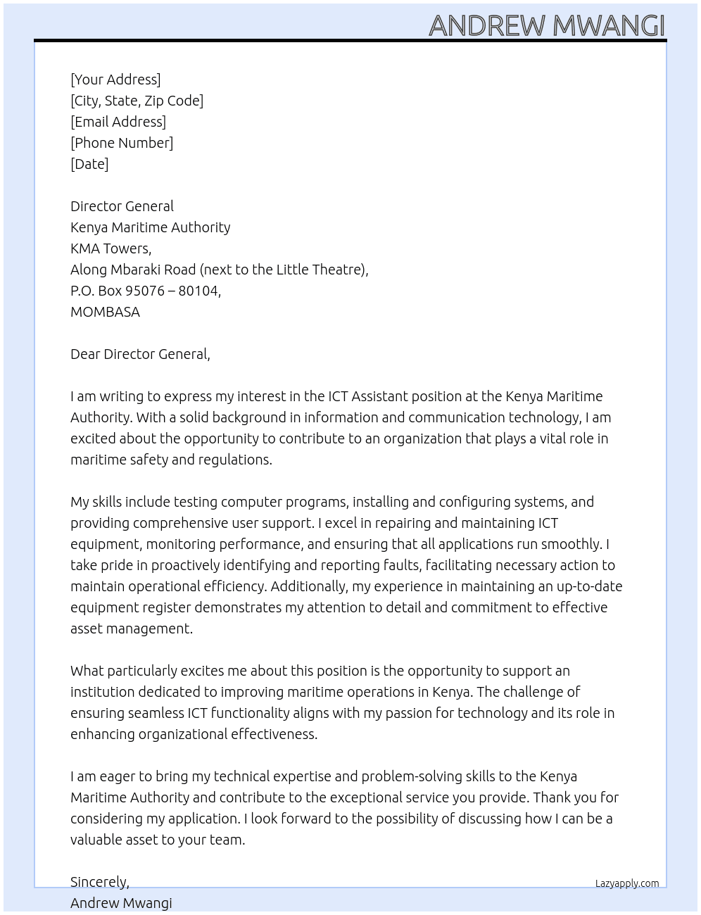 Cover letter for ict assistant - LazyApply