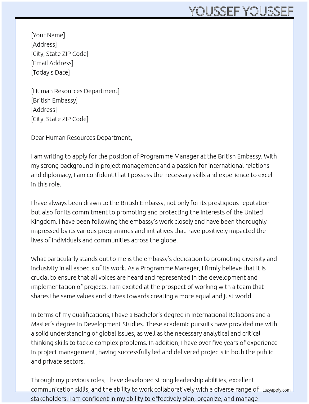 Programme Manager At British Embassy Cover Letter
