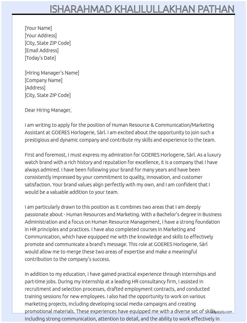 Human Resource & Communication/Marketing Assistant At GOERES Horlogerie, Sàrl Cover Letter