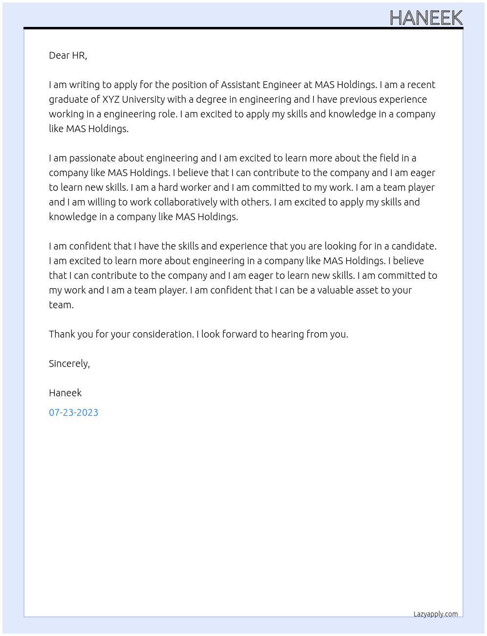 Assistant - Engineering At MAS Holdings Cover Letter