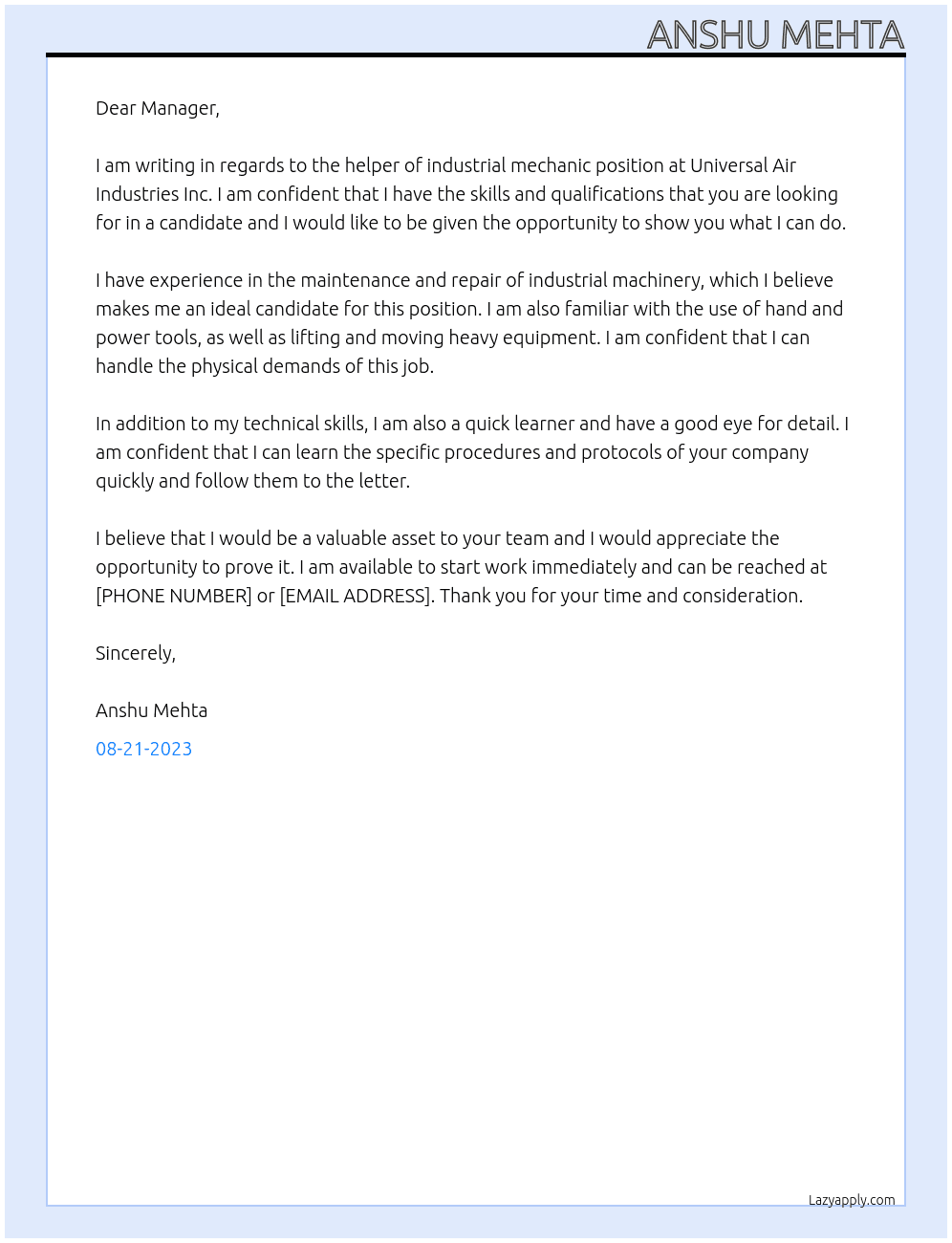 Helper of Industrial mechanic At Universal Air Industries Inc. Cover Letter