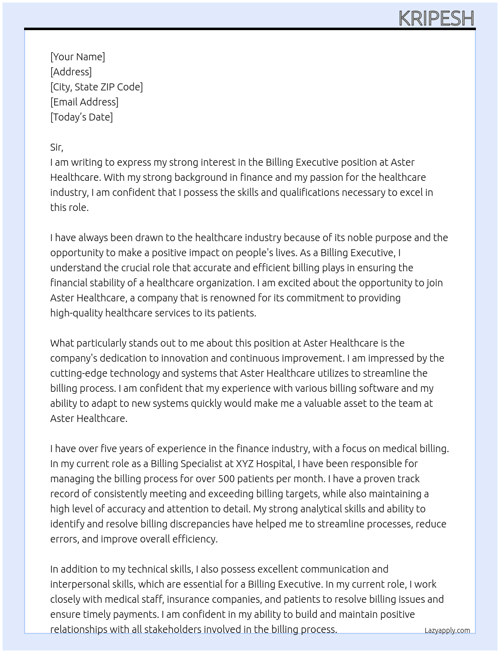 Billing executive At Aster healthcare Cover Letter