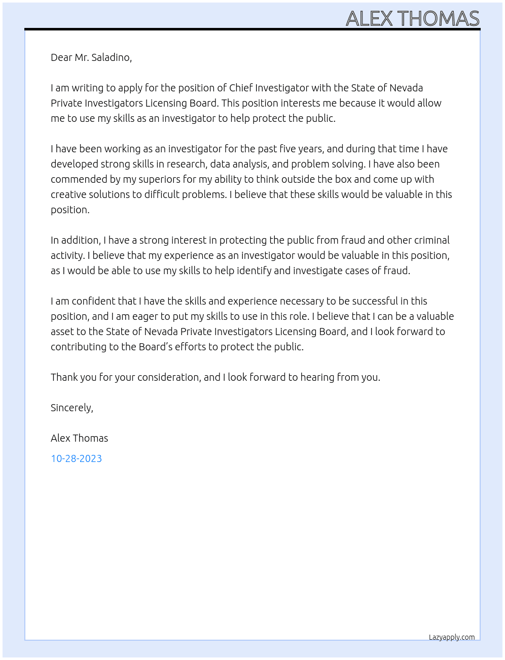 UNCLASSIFIED INVESTIGATOR At State of Nevada Private Investigators Licensing Board Cover Letter