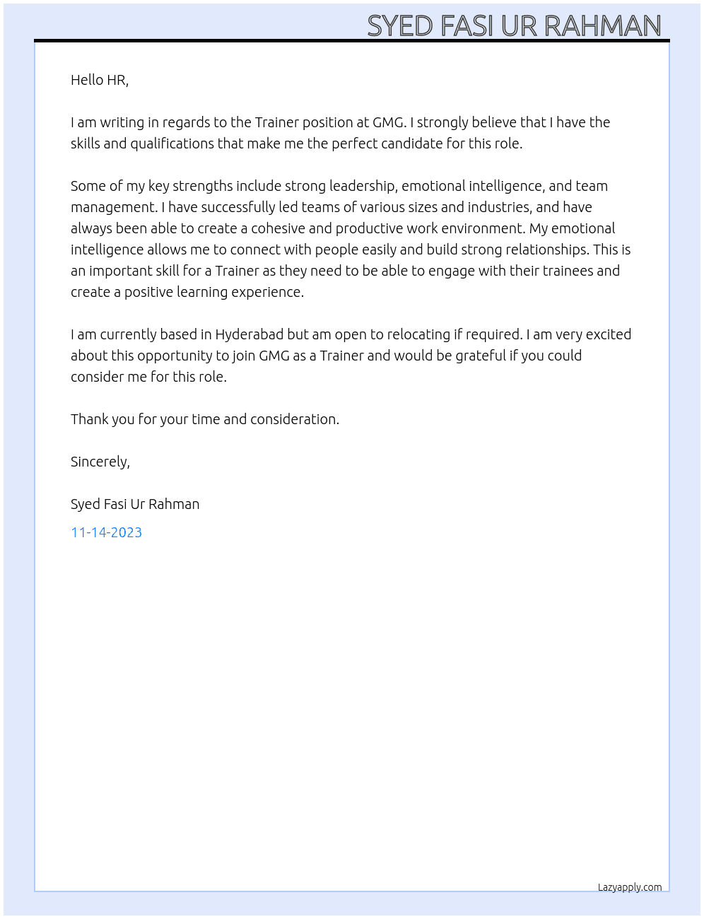 Trainer At GMG Cover Letter