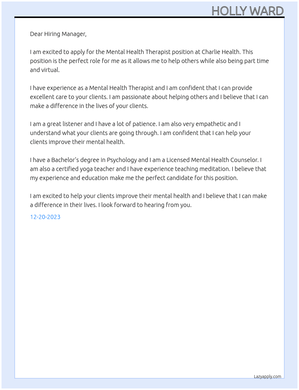 Mental Health Therapist  At Charlie Health Cover Letter