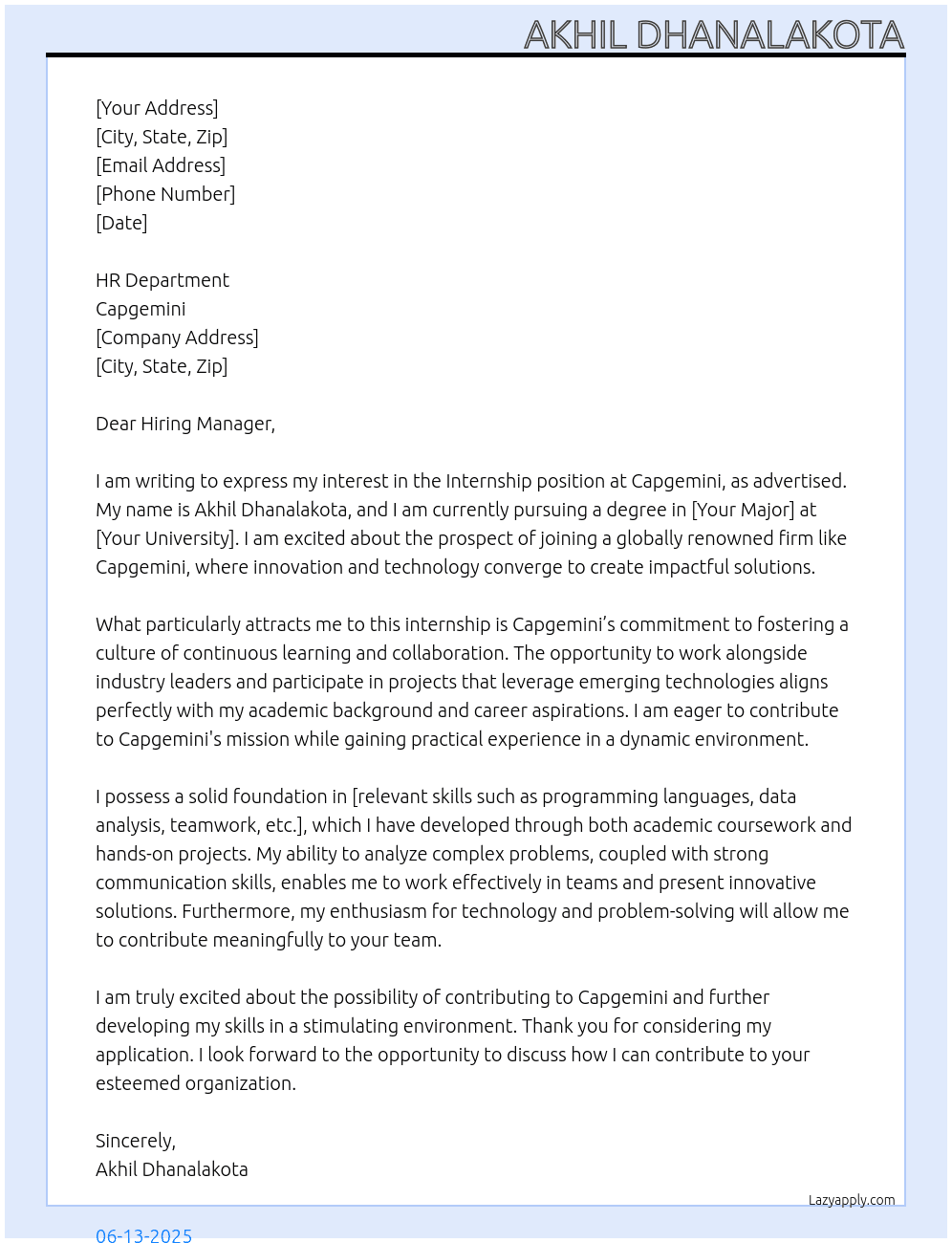 Internship  At Capgemini  Cover Letter