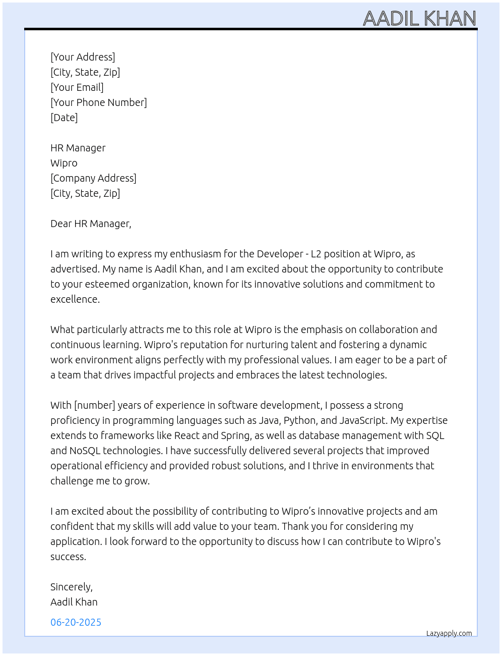Cover letter for developer -l2 - LazyApply