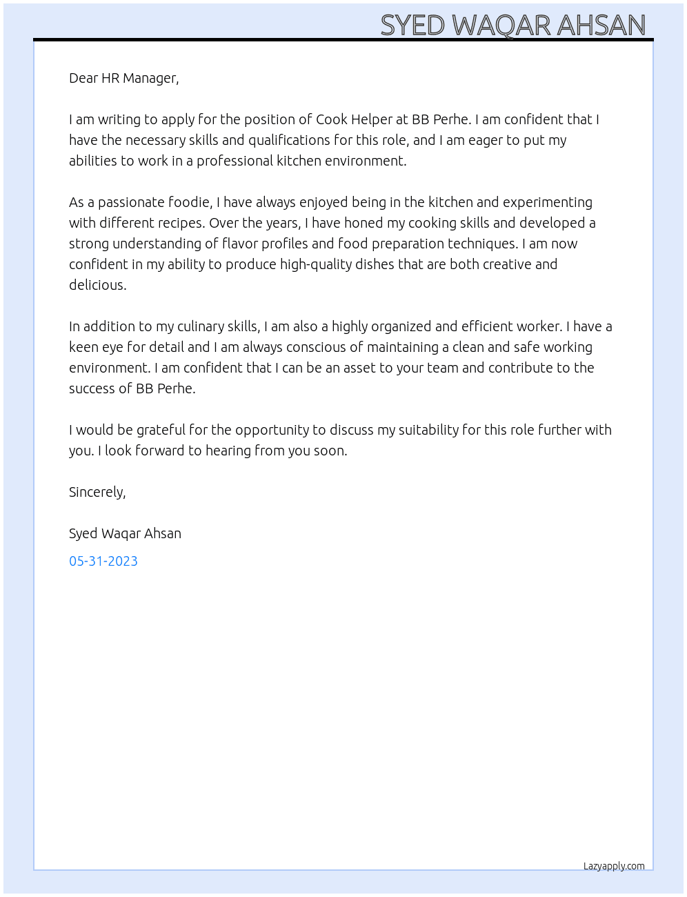 Cook Helper  At BB Perhe Cover Letter