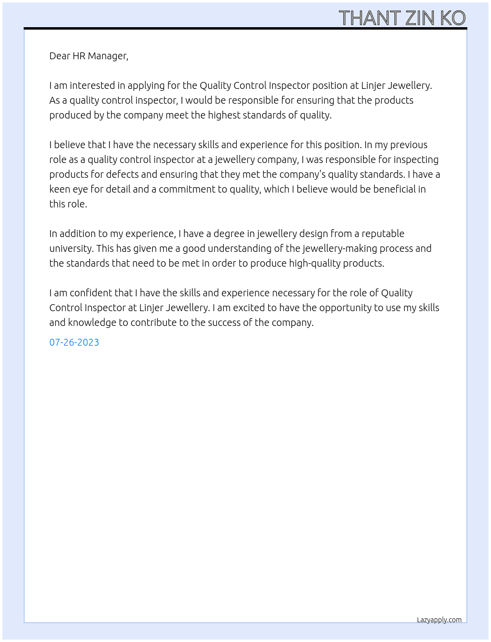 Quality Control Inspector At Linjer Jewellery Cover Letter