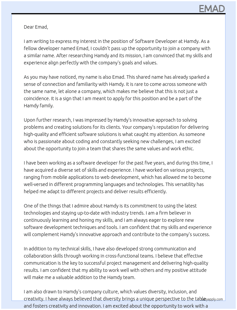 software developer At Hamdy Cover Letter
