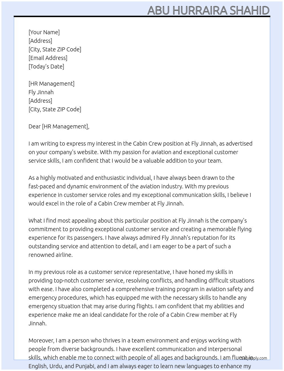 Cabin crew At Fly Jinnah Cover Letter