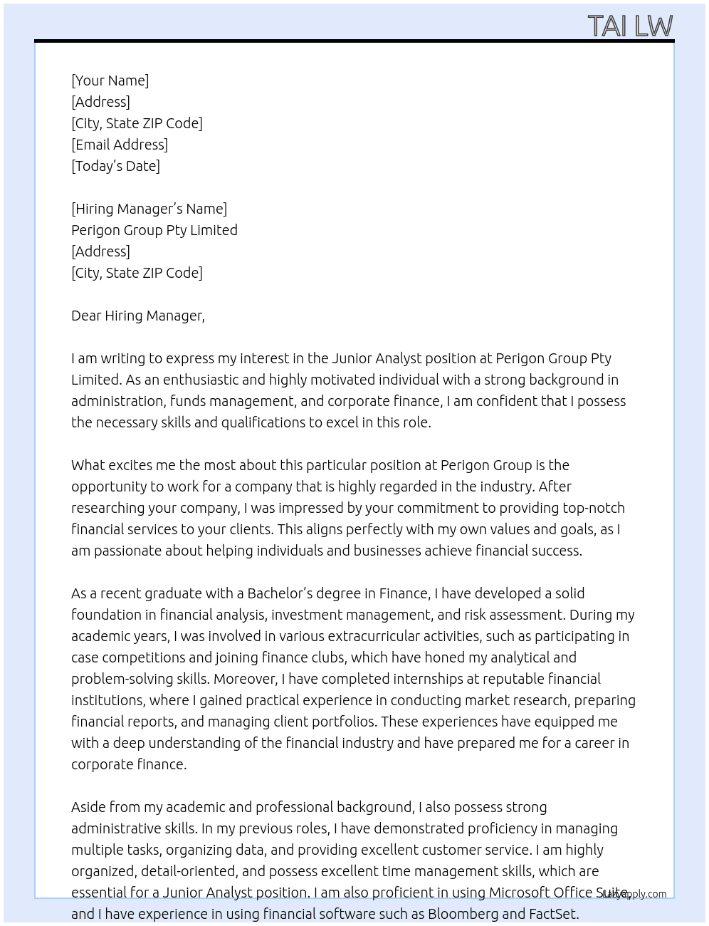 Junior Analyst At Perigon Group Pty Limited Cover Letter