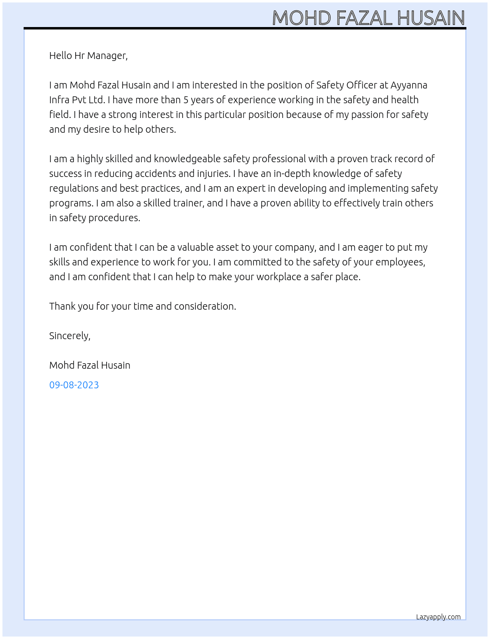 Safety officer  At ayyanna infra pvt ltd Cover Letter