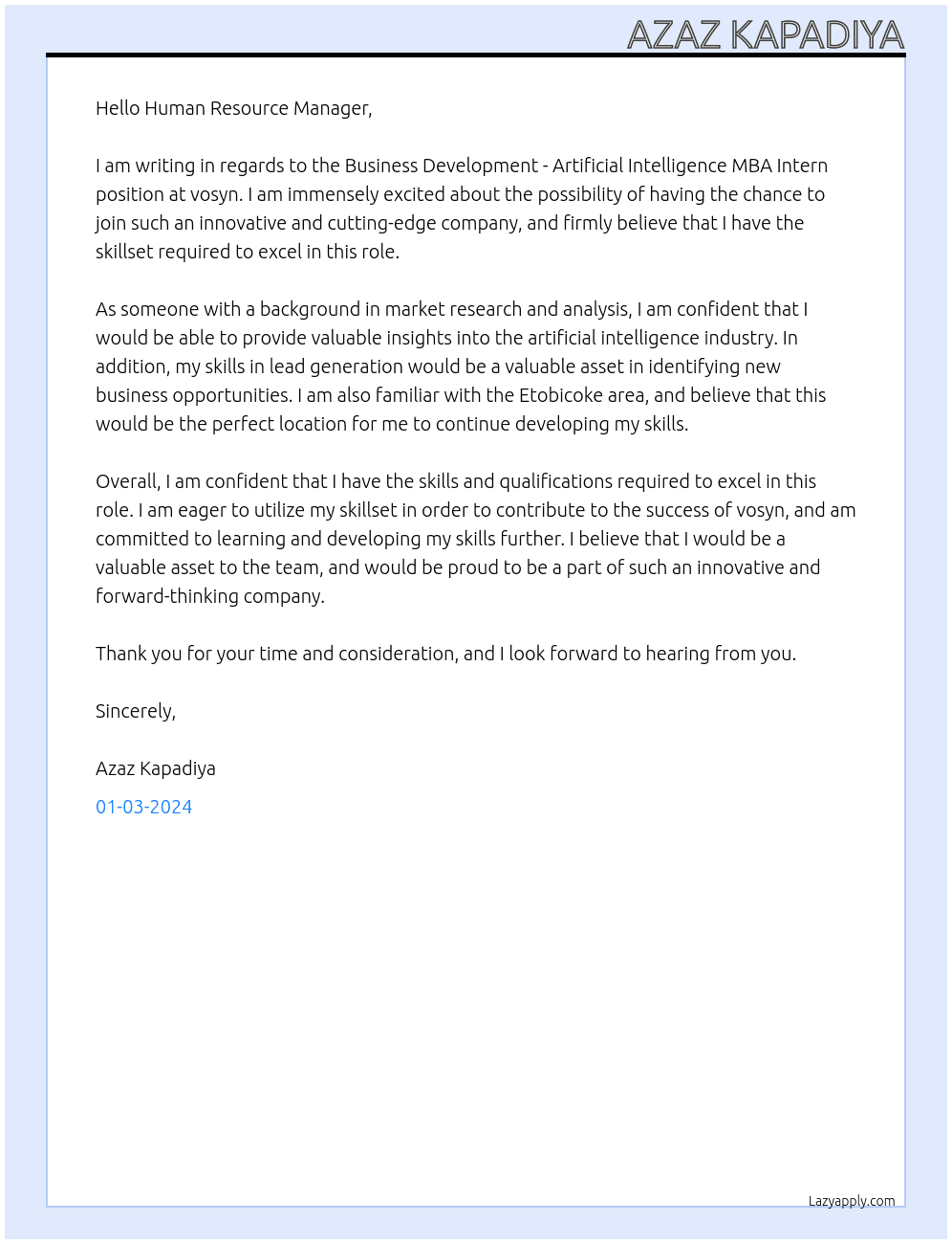 Business Development - Artificial Intelligence MBA Intern At vosyn Cover Letter