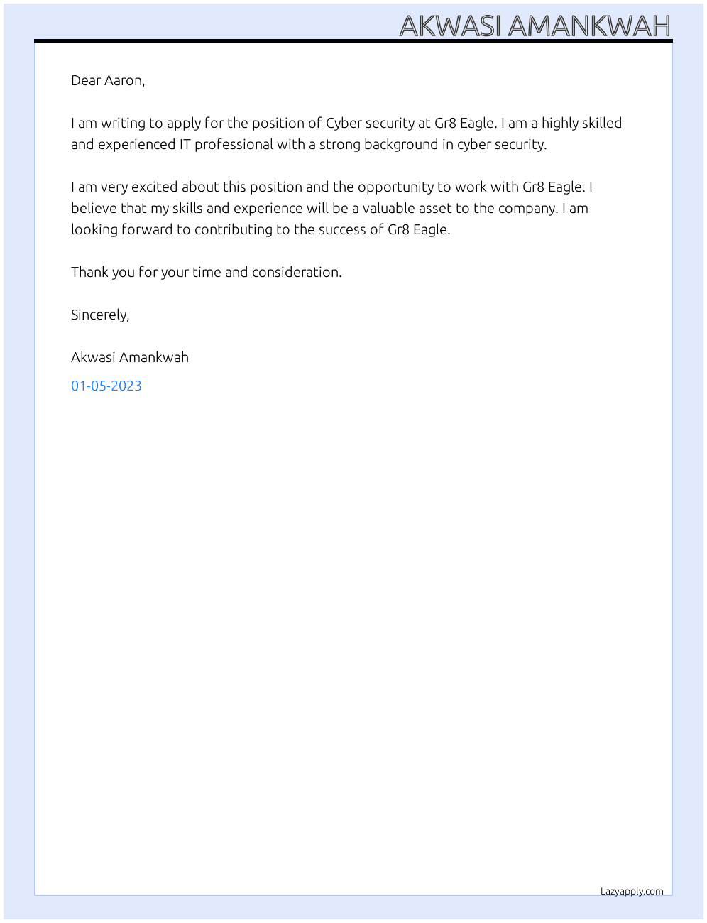 Cyber security At Gr8 Eagle Cover Letter