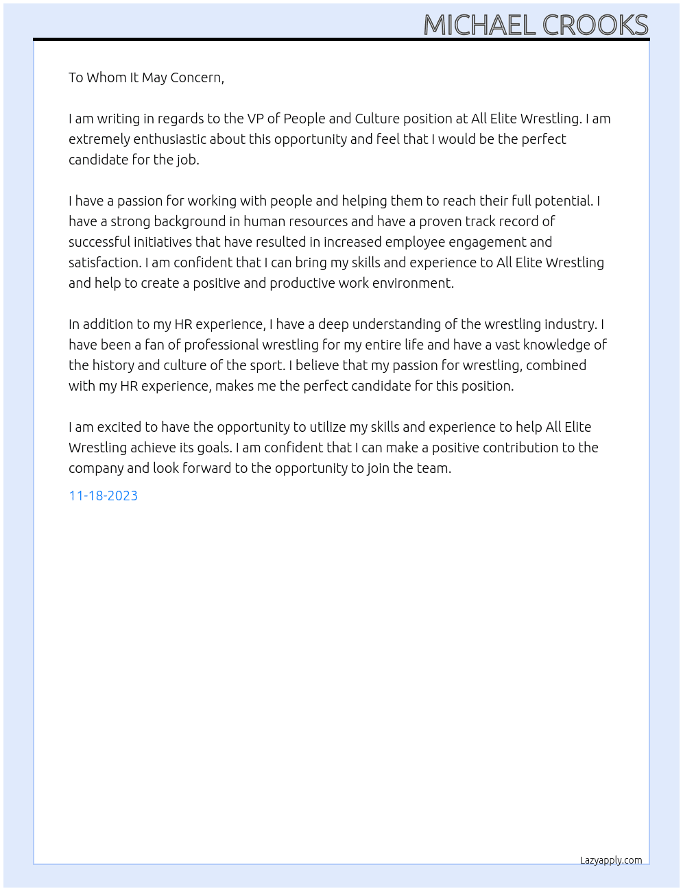 VP of People and Culture At All Elite Wrestling Cover Letter