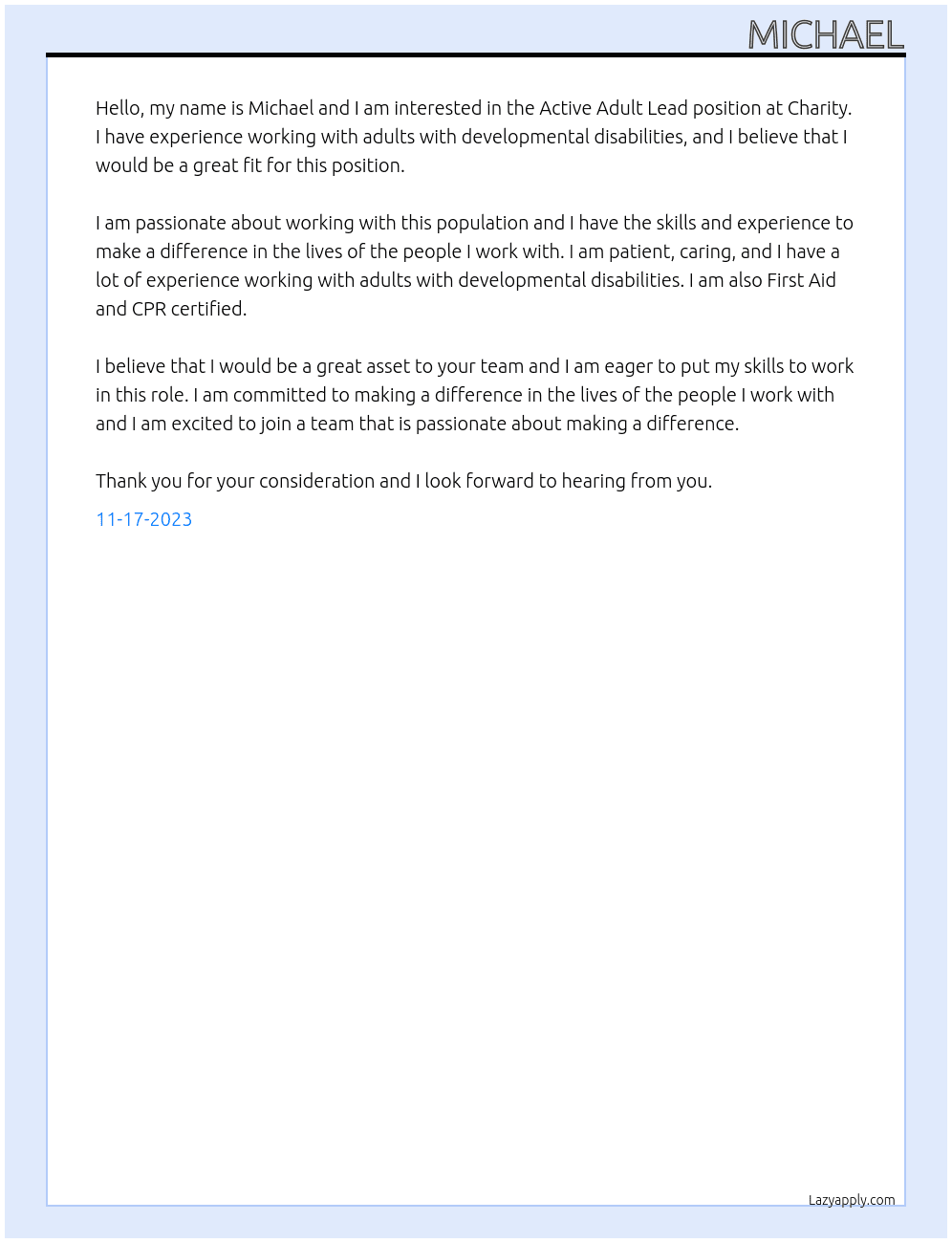 Active Adult Lead At Charity Cover Letter