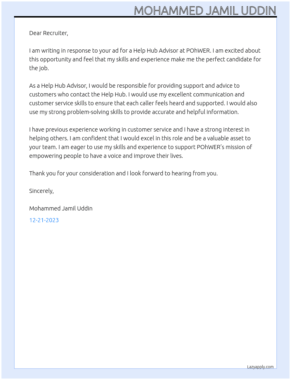 Help Hub Advisor  At POhWER Cover Letter