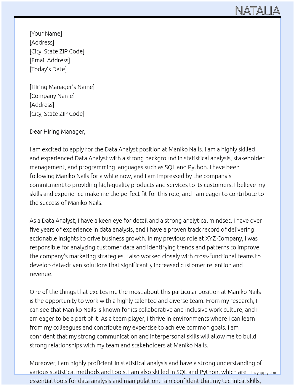 Data Analyst At Maniko Nails Cover Letter