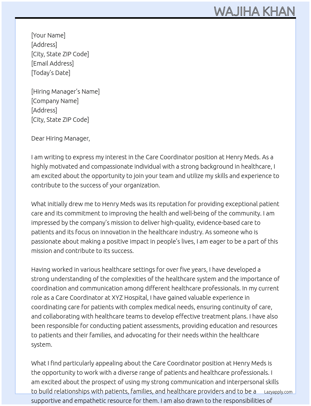 Care Coordinator At Henry Meds Cover Letter