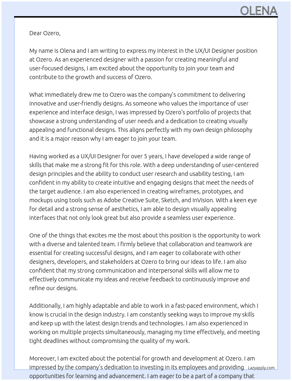UX/UI Designer At Ozero Cover Letter