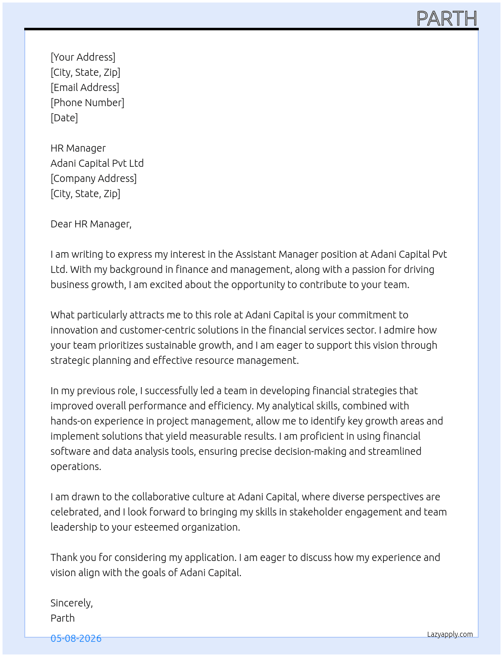 ASSISTANT MANAGER At ADANI CAPITAL PVT LTD Cover Letter