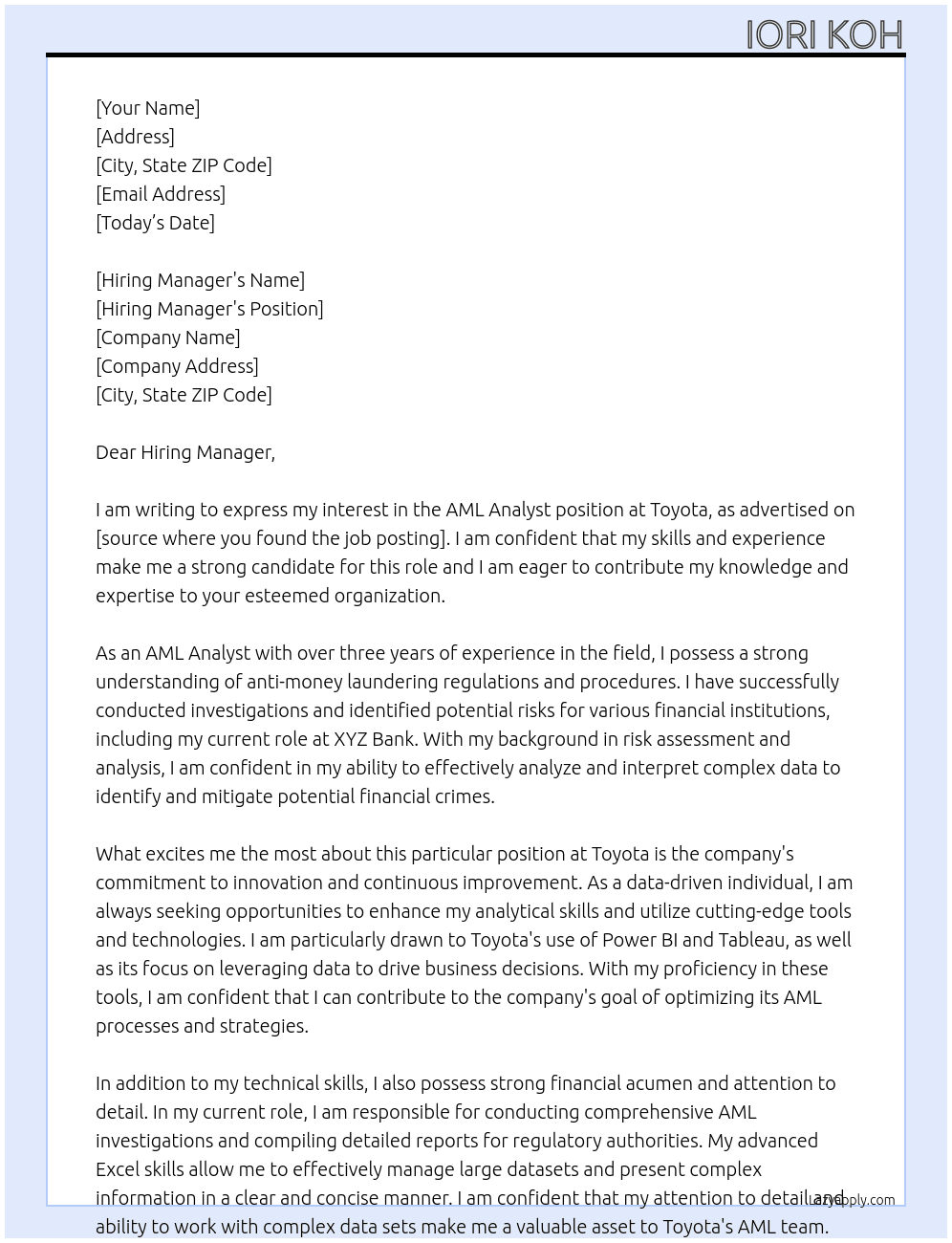 AML Analyst At Toyota Cover Letter