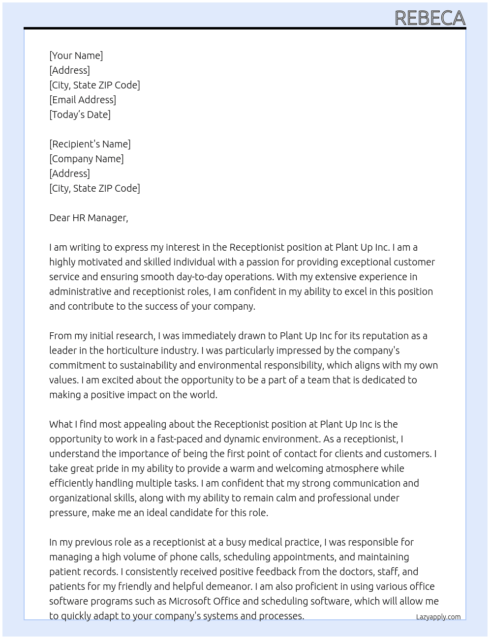 Receptionist At Plant Up inc Cover Letter