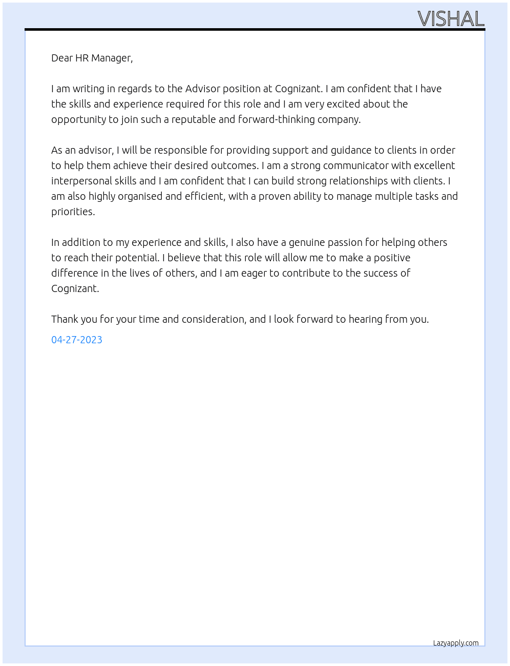 Advisor  At Cognizant  Cover Letter