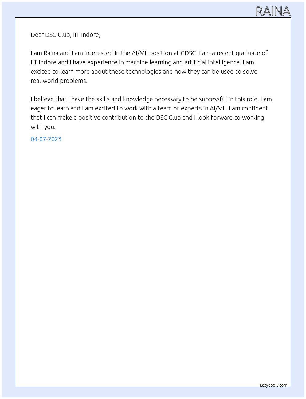 AI/ML At GDSC Cover Letter