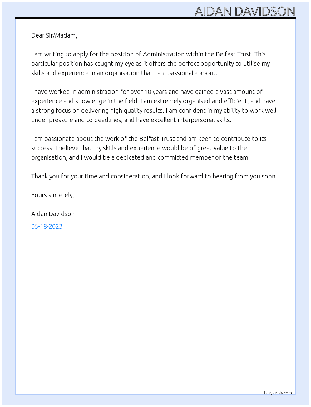 administation At Belfast Trust Cover Letter