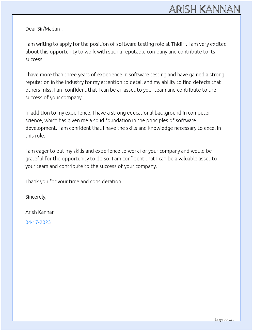 Cover letter At  Thidiff Cover Letter