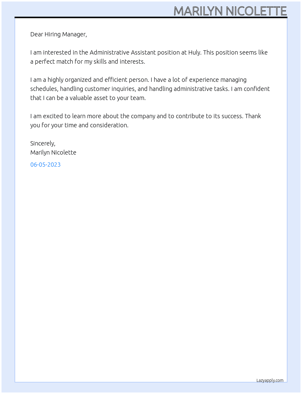 Administrative Assistant At Huly Cover Letter