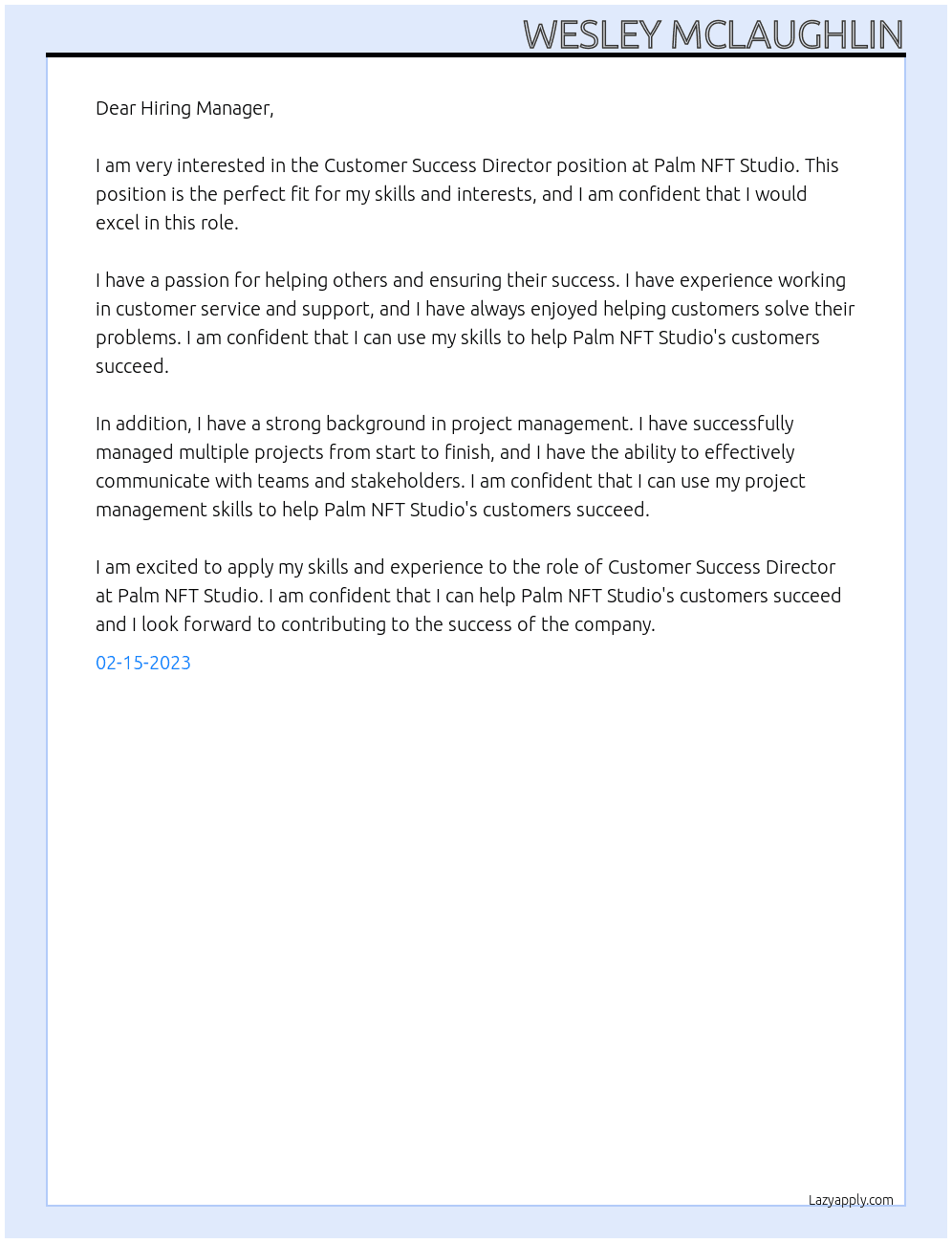 Customer Success Director At Palm NFT Studio Cover Letter