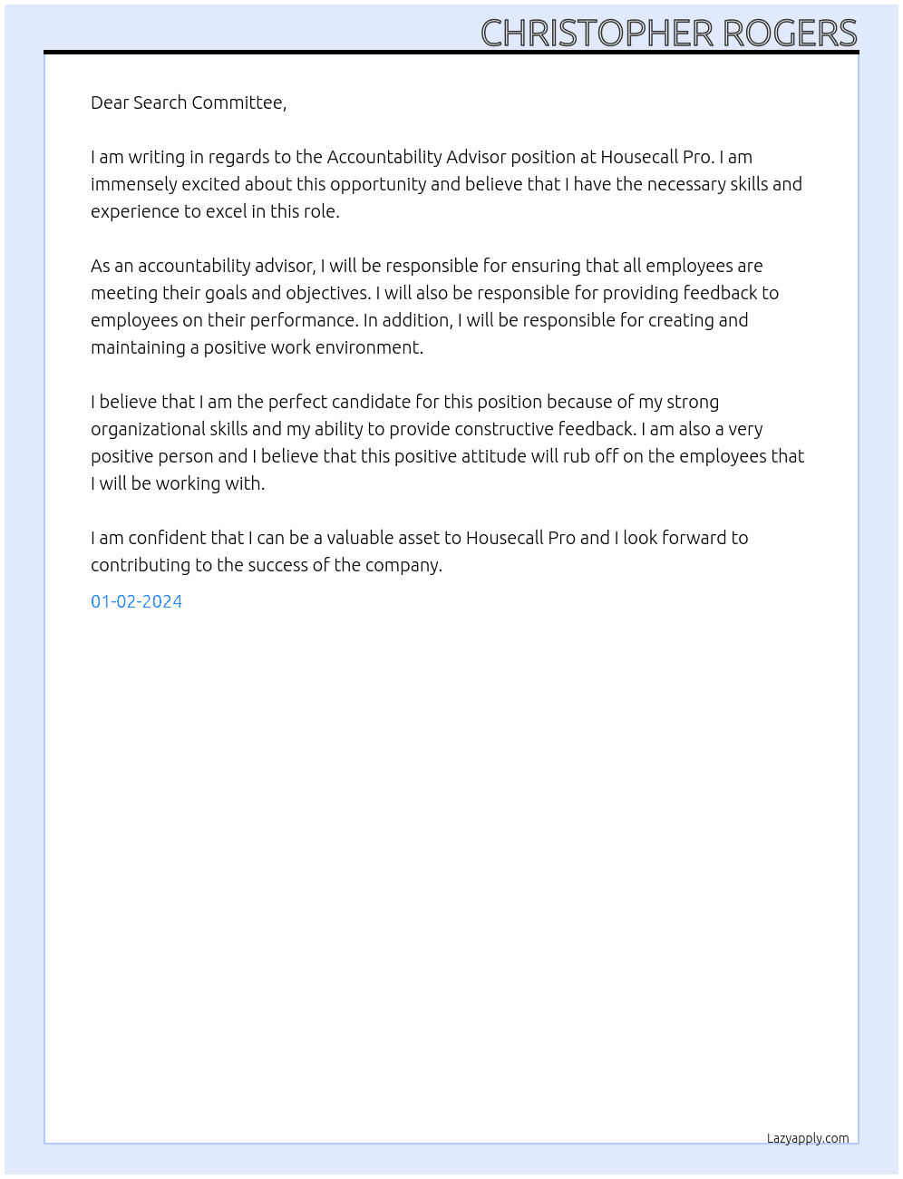 Accountability Advisor At Housecall Pro Cover Letter