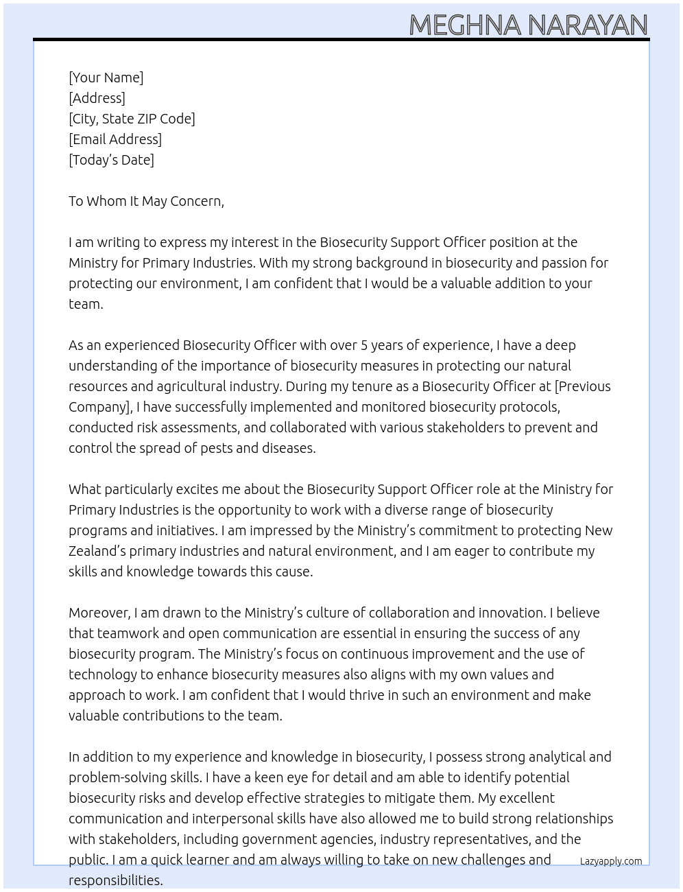 Biosecurity Support Officer At Ministry for Primary Industries Cover Letter