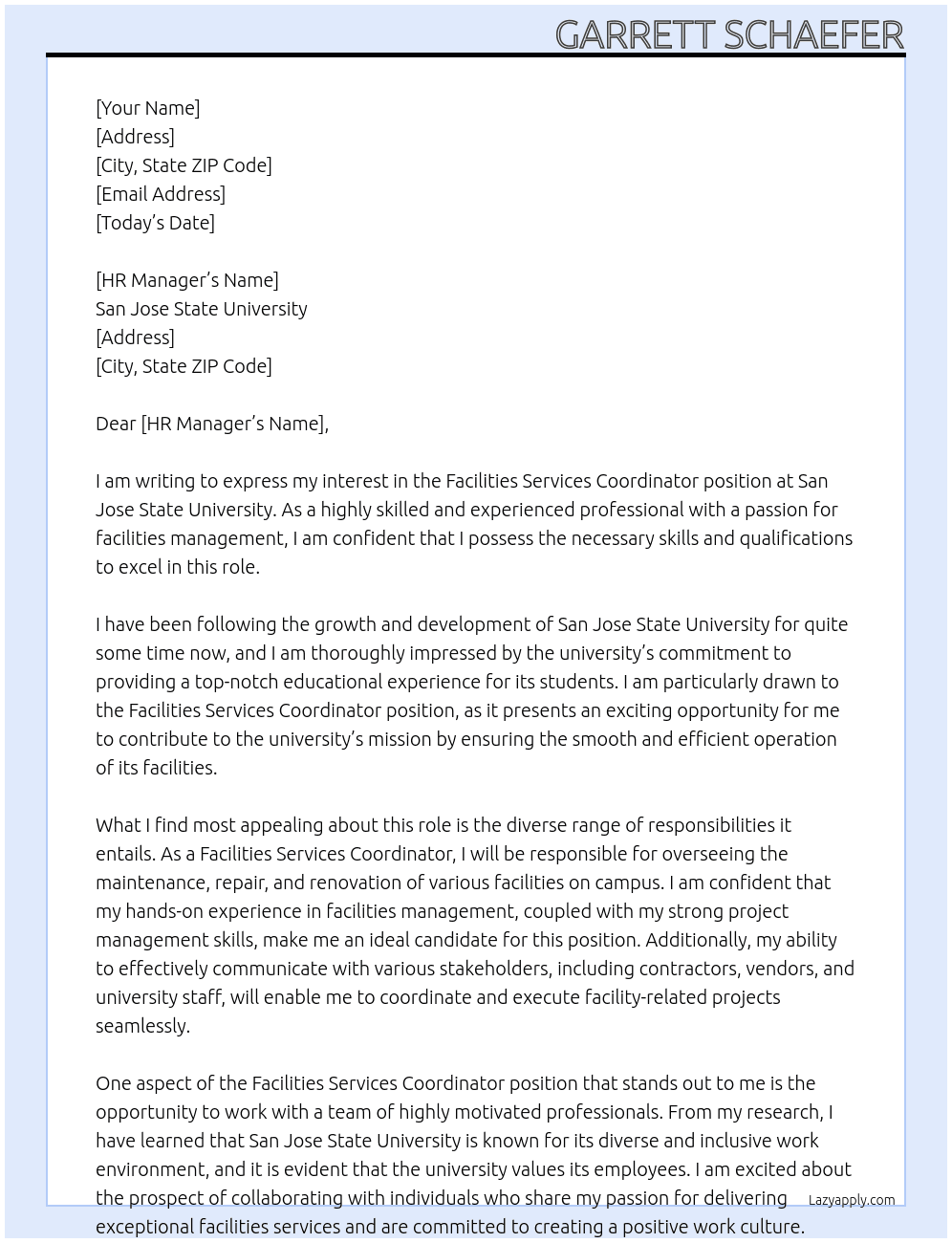 Facilities Services Coordinator At San Jose State University Cover Letter